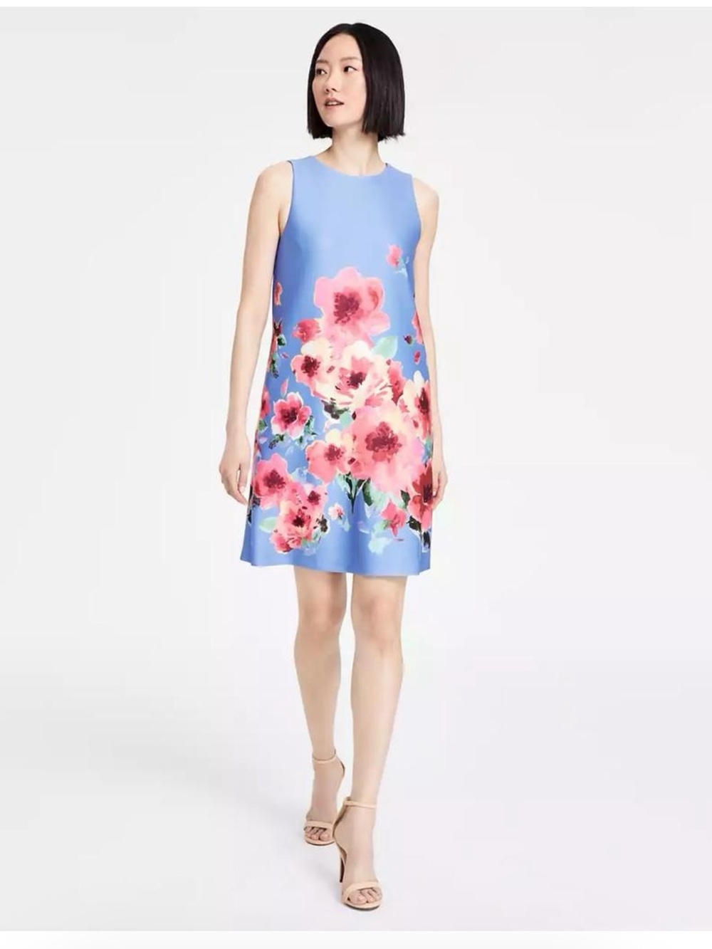 Anne Klein Sky Blue Sleeveless Mini Dress with Pink Floral Print